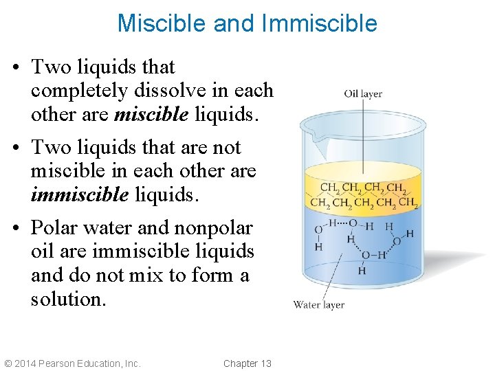 Miscible and Immiscible • Two liquids that completely dissolve in each other are miscible