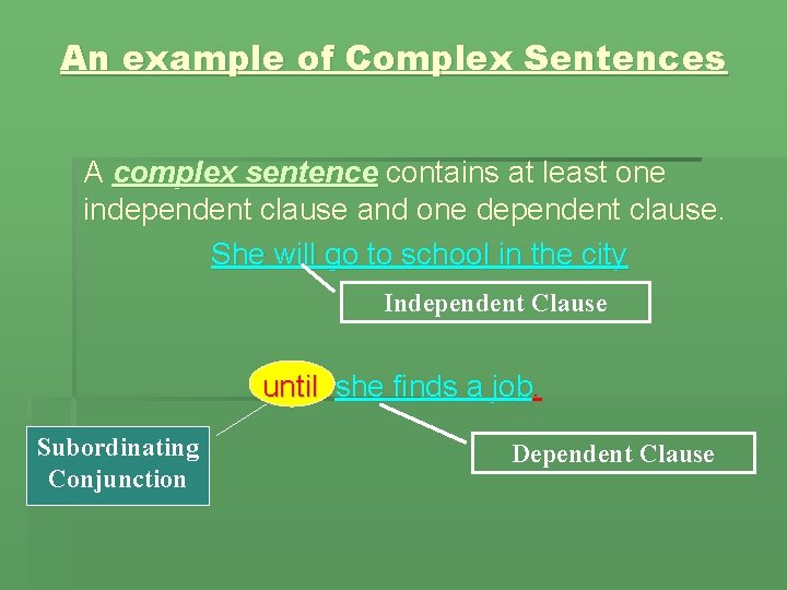 An example of Complex Sentences A complex sentence contains at least one independent clause