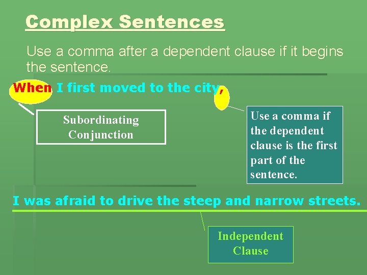 Complex Sentences Use a comma after a dependent clause if it begins the sentence.