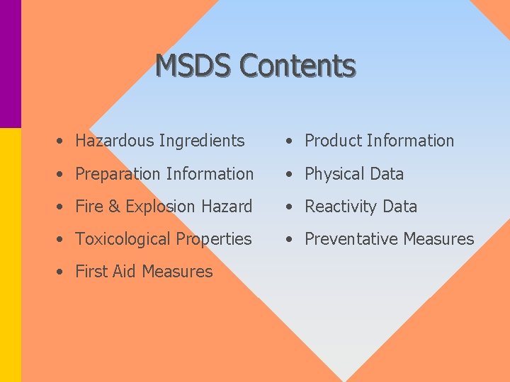 MSDS Contents • Hazardous Ingredients • Product Information • Preparation Information • Physical Data