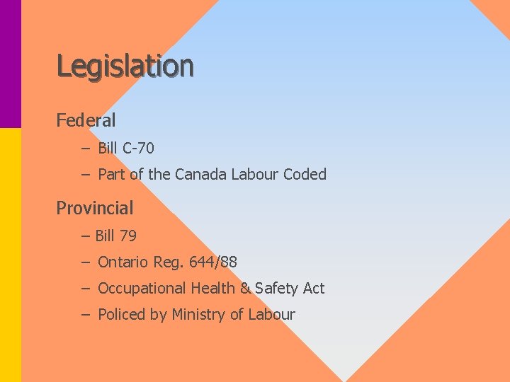 Legislation Federal – Bill C-70 – Part of the Canada Labour Coded Provincial –