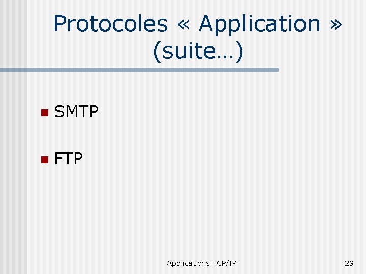 Protocoles « Application » (suite…) n SMTP n FTP Applications TCP/IP 29 