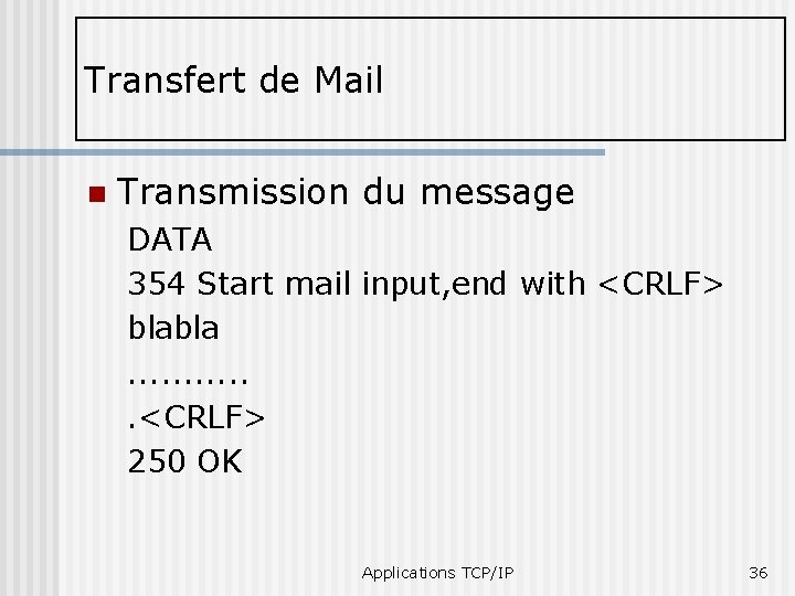 Transfert de Mail n Transmission du message DATA 354 Start mail input, end with