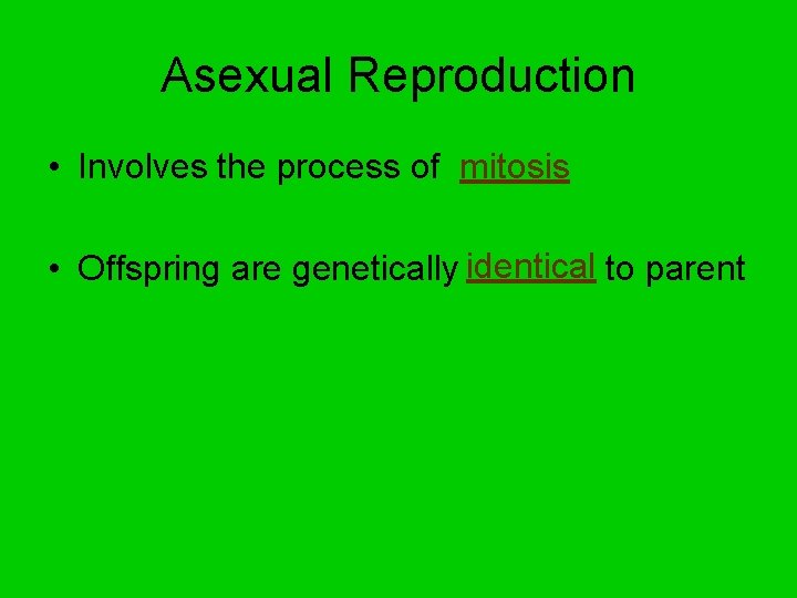 Asexual Reproduction • Involves the process of mitosis • Offspring are genetically identical to