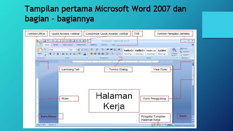 Tampilan pertama Microsoft Word 2007 dan bagian – bagiannya 