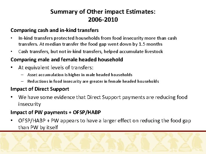 Summary of Other impact Estimates: 2006 -2010 Comparing cash and in-kind transfers • • Summary of Other impact Estimates: 2006 -2010 Comparing cash and in-kind transfers • •
