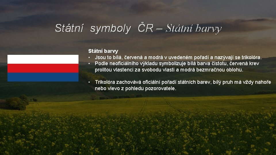 Státní symboly ČR – Státní barvy • Jsou to bílá, červená a modrá v