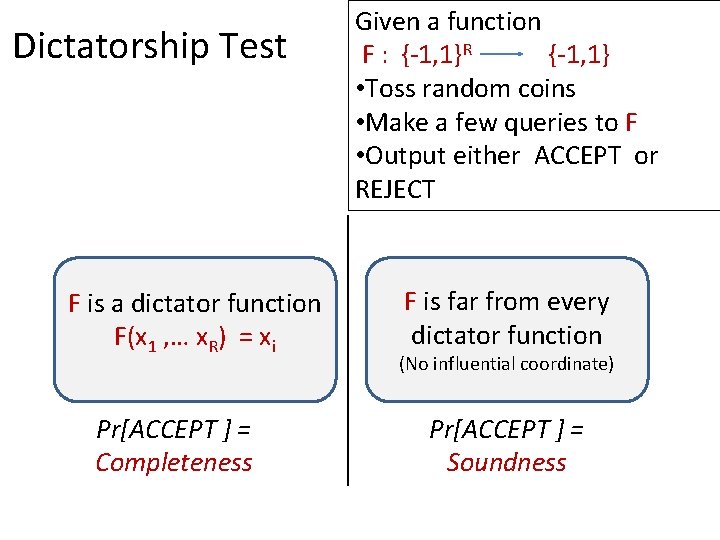 Dictatorship Test F is a dictator function F(x 1 , … x. R) =