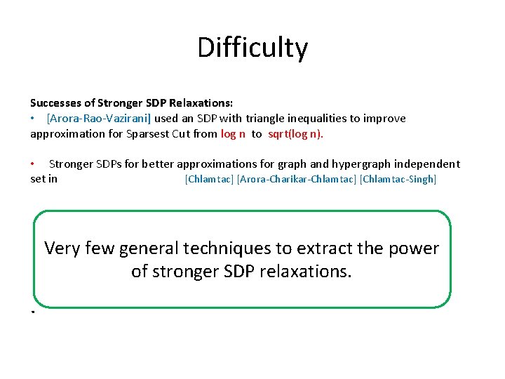 Difficulty Successes of Stronger SDP Relaxations: • [Arora-Rao-Vazirani] used an SDP with triangle inequalities
