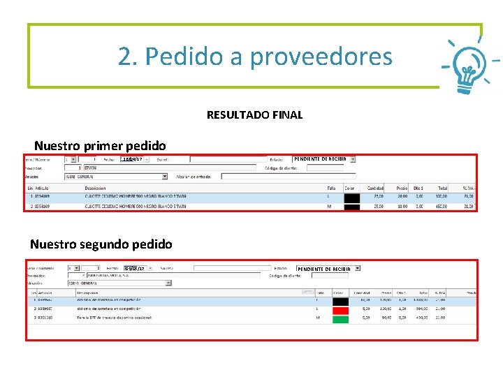 2. Pedido a proveedores RESULTADO FINAL Nuestro primer pedido 26/04/17 PENDIENTE DE RECIBIR Nuestro