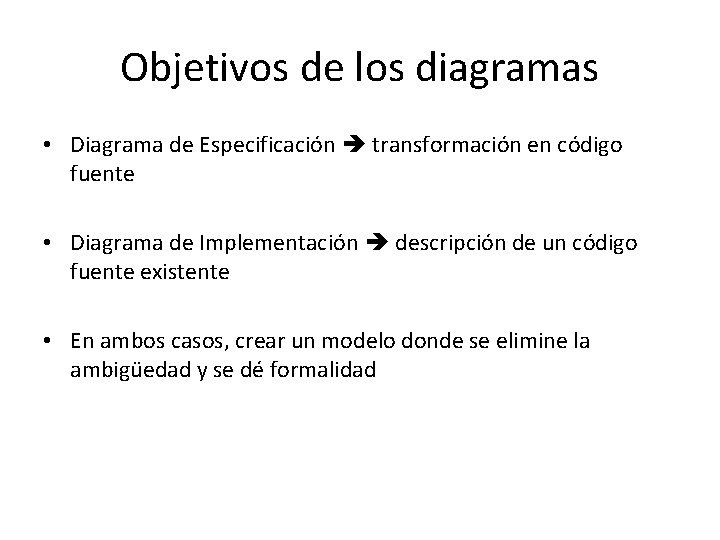 Objetivos de los diagramas • Diagrama de Especificación transformación en código fuente • Diagrama Objetivos de los diagramas • Diagrama de Especificación transformación en código fuente • Diagrama