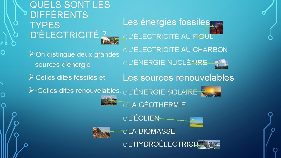 QUELS SONT LES DIFFÉRENTS TYPES D’ÉLECTRICITÉ ? Les énergies fossiles o. L’ÉLECTRICITÉ AU FIOUL