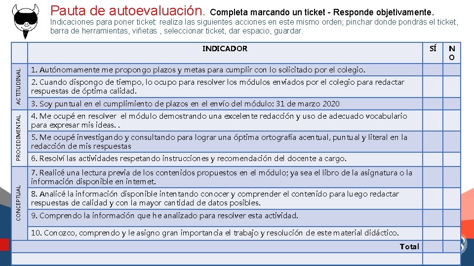 Pauta de autoevaluación. Completa marcando un ticket - Responde objetivamente. Indicaciones para poner ticket: