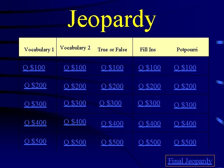 Jeopardy Vocabulary 1 Vocabulary 2 True or False Fill Ins Potpourri Q $100 Q