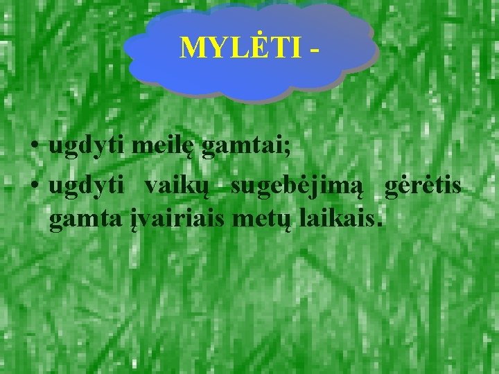 MYLĖTI • ugdyti meilę gamtai; • ugdyti vaikų sugebėjimą gėrėtis gamta įvairiais metų laikais.