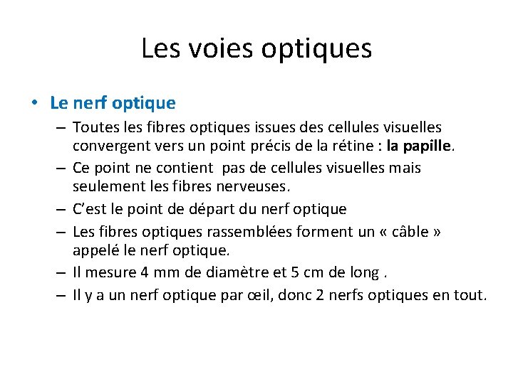 Les voies optiques • Le nerf optique – Toutes les fibres optiques issues des