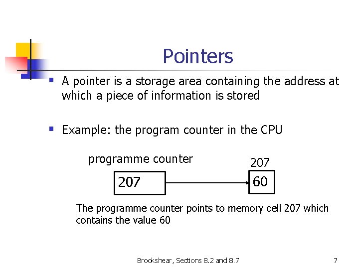 Pointers § A pointer is a storage area containing the address at which a