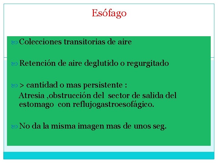 Esófago Colecciones transitorias de aire Retención de aire deglutido o regurgitado > cantidad o