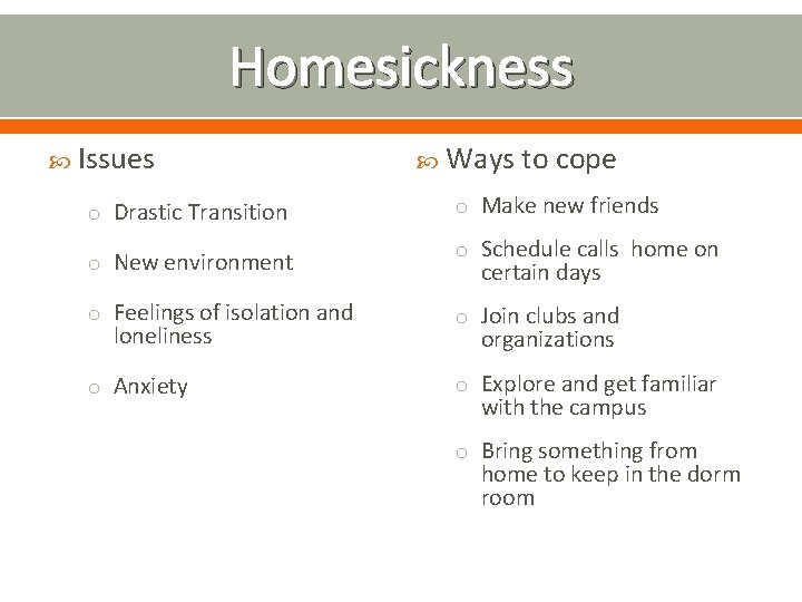 Homesickness Issues o Drastic Transition o New environment Ways to cope o Make new