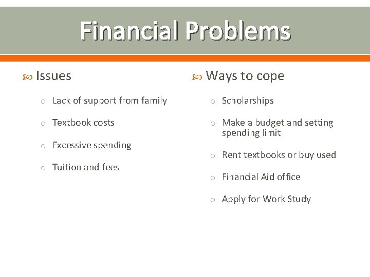 Financial Problems Issues Ways to cope o Lack of support from family o Scholarships