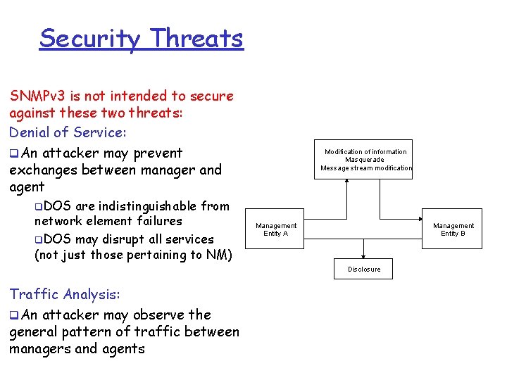 Security Threats SNMPv 3 is not intended to secure against these two threats: Denial