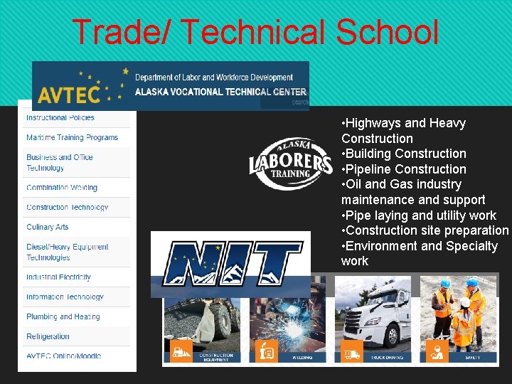 Trade/ Technical School • Highways and Heavy Construction • Building Construction • Pipeline Construction