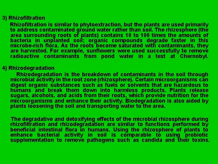 3) Rhizofiltration is similar to phytoextraction, but the plants are used primarily to address