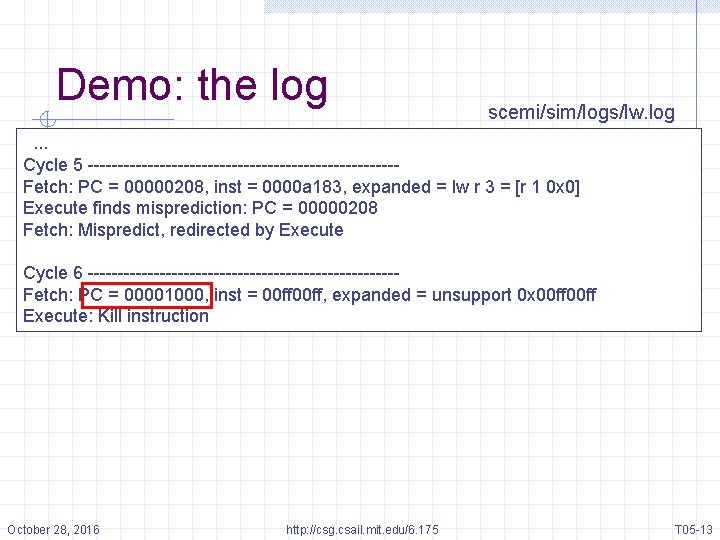 Demo: the log scemi/sim/logs/lw. log . . . Cycle 5 --------------------------Fetch: PC = 00000208,