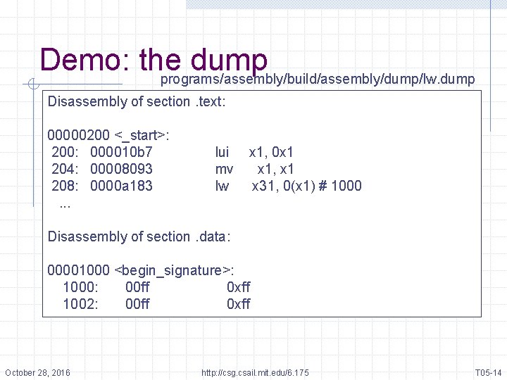 Demo: the dump programs/assembly/build/assembly/dump/lw. dump Disassembly of section. text: 00000200 <_start>: 200: 000010 b