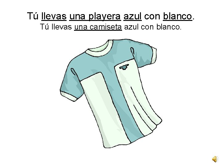 Tú llevas una playera azul con blanco. Tú llevas una camiseta azul con blanco.