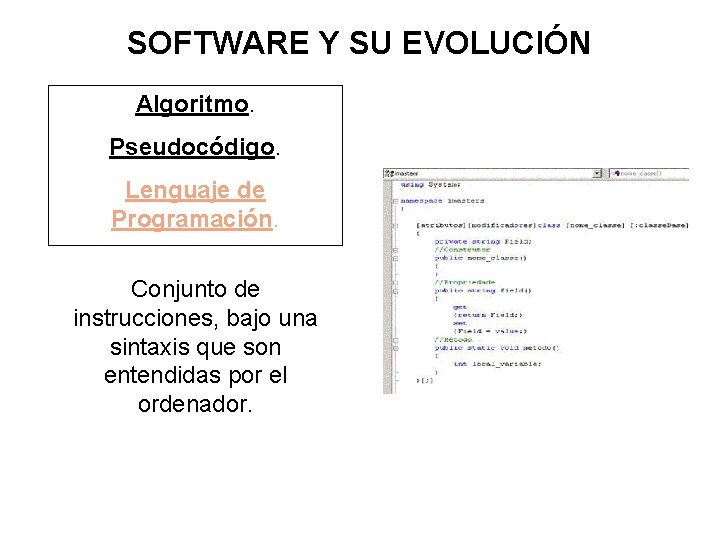 SOFTWARE Y SU EVOLUCIÓN Algoritmo. Pseudocódigo. Lenguaje de Programación. Conjunto de instrucciones, bajo una