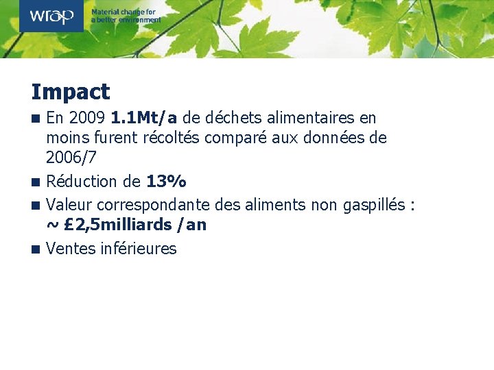 Impact En 2009 1. 1 Mt/a de déchets alimentaires en moins furent récoltés comparé