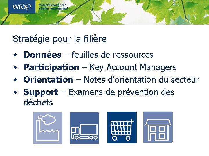 Stratégie pour la filière • • Données – feuilles de ressources Participation – Key