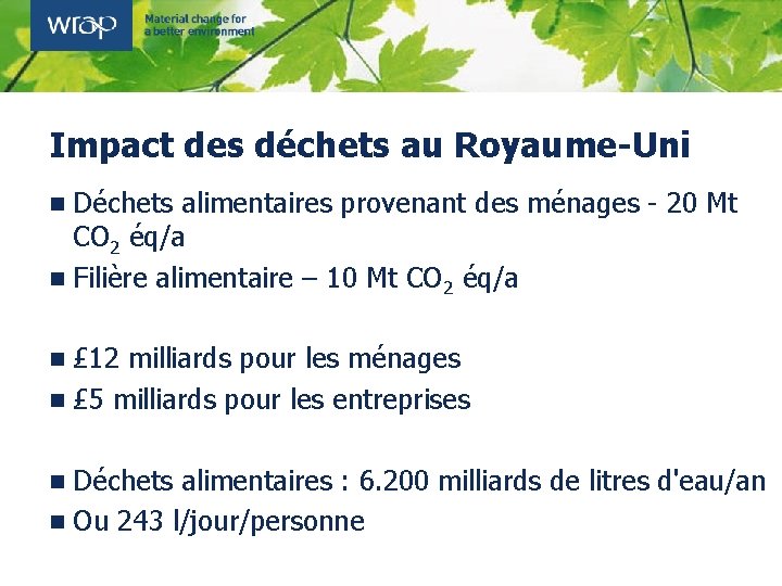 Impact des déchets au Royaume-Uni n Déchets alimentaires provenant des ménages - 20 Mt