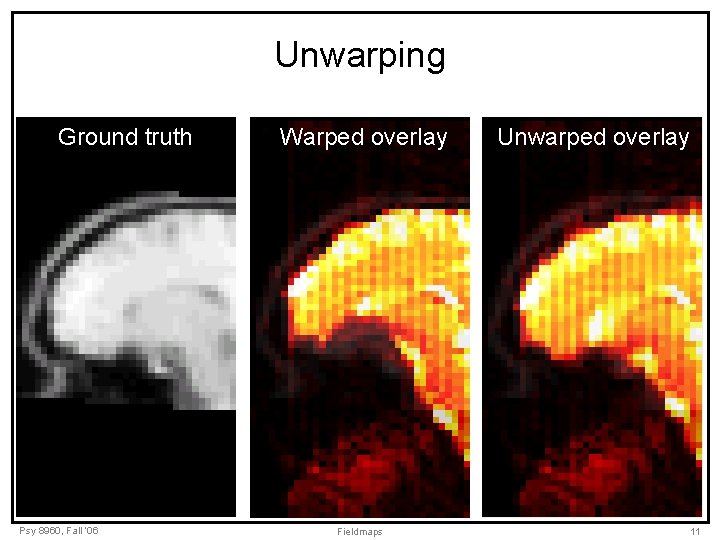 Unwarping Ground truth Psy 8960, Fall ‘ 06 Warped overlay Fieldmaps Unwarped overlay 11