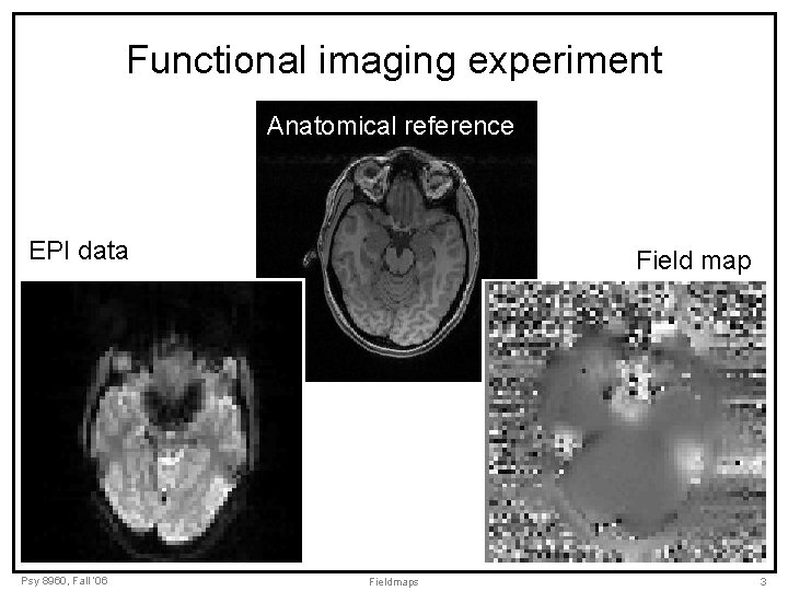 Functional imaging experiment Anatomical reference EPI data Psy 8960, Fall ‘ 06 Field map