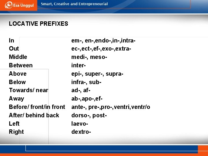 LOCATIVE PREFIXES In Out Middle Between Above Below Towards/ near Away Before/ front/in front