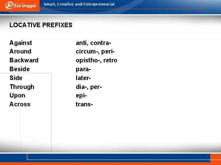 LOCATIVE PREFIXES Against Around Backward Beside Side Through Upon Across anti, contracircum-, periopistho-, retro