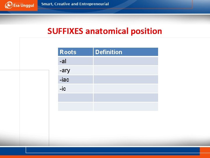 SUFFIXES anatomical position Roots -al -ary -iac -ic Definition 