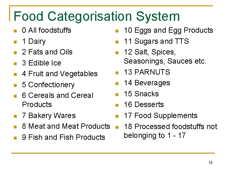 Food Categorisation System n n n n n 0 All foodstuffs 1 Dairy 2