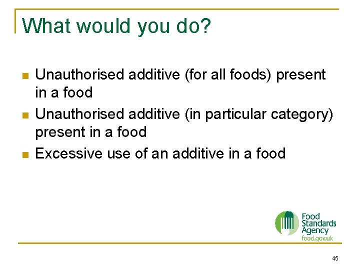 What would you do? n n n Unauthorised additive (for all foods) present in