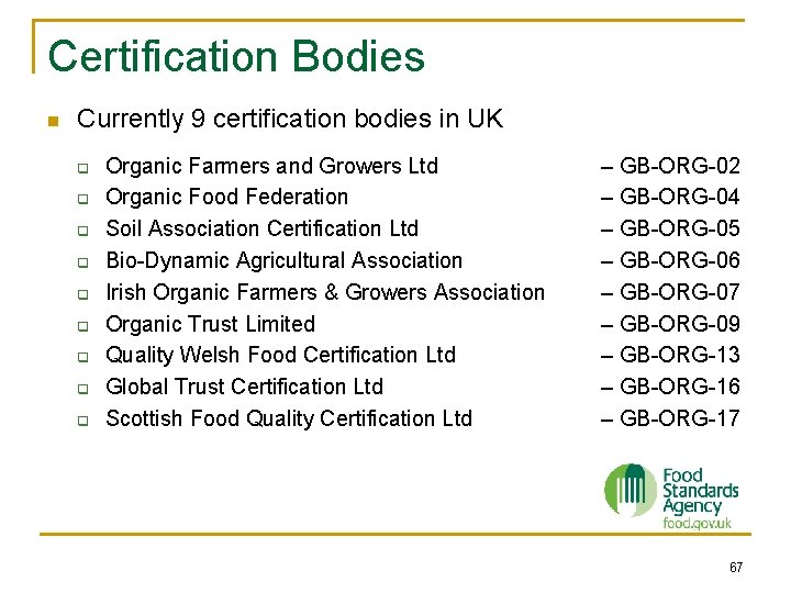 Certification Bodies n Currently 9 certification bodies in UK q q q q q