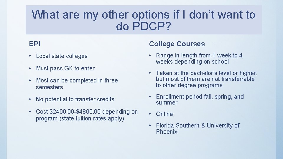 What are my other options if I don’t want to do PDCP? EPI College