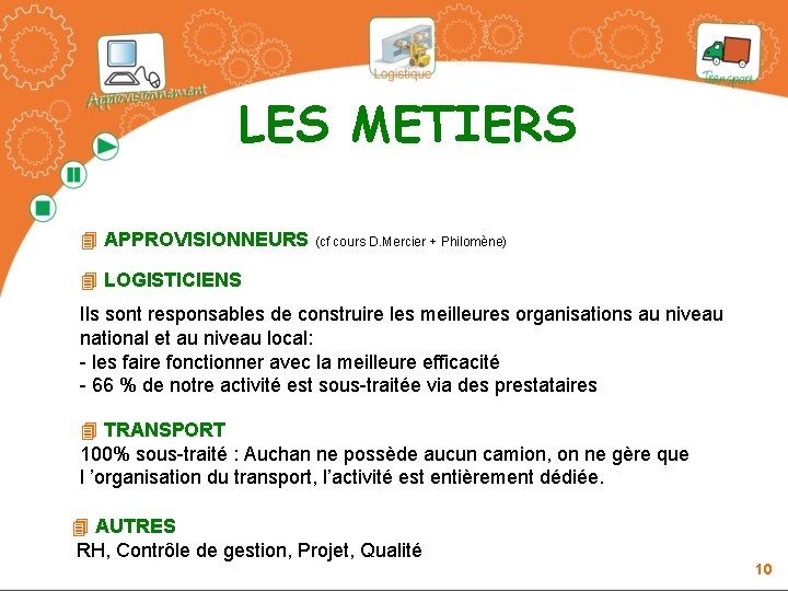 LES METIERS 4 APPROVISIONNEURS (cf cours D. Mercier + Philomène) 4 LOGISTICIENS Ils sont LES METIERS 4 APPROVISIONNEURS (cf cours D. Mercier + Philomène) 4 LOGISTICIENS Ils sont