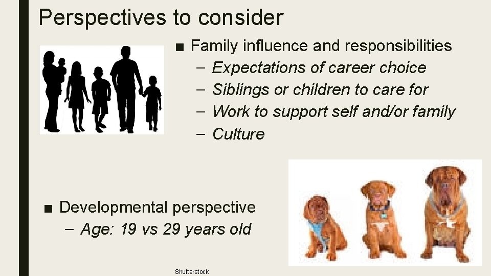 Perspectives to consider ■ Family influence and responsibilities – Expectations of career choice –