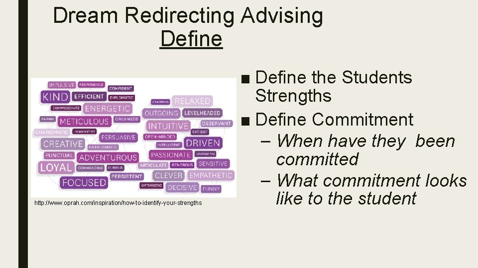 Dream Redirecting Advising Define http: //www. oprah. com/inspiration/how-to-identify-your-strengths ■ Define the Students Strengths ■