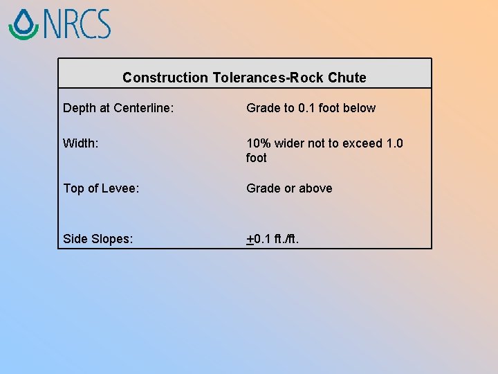 Construction Tolerances-Rock Chute Depth at Centerline: Grade to 0. 1 foot below Width: 10%