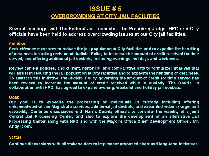 ISSUE # 5 OVERCROWDING AT CITY JAIL FACILITIES Several meetings with the Federal Jail