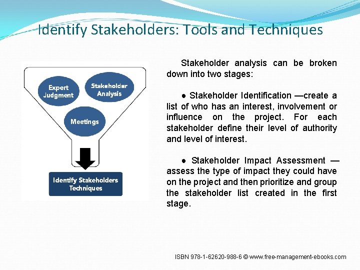 Identify Stakeholders: Tools and Techniques Stakeholder analysis can be broken down into two stages: