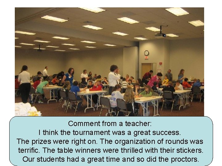 Comment from a teacher: I think the tournament was a great success. The prizes